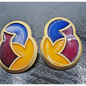 Vintage Monet Enamel Earrings Chunky Abstract Clip On Statement RARE